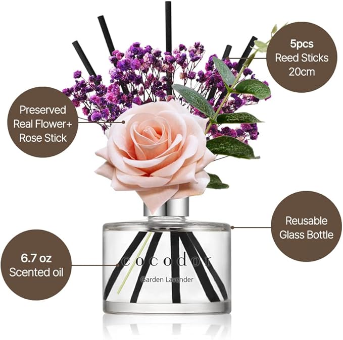 COCODOR Rose Reed Diffuser Set / 6.7oz / Rose Perfume/Scent Diffuser with Sticks Home Fragrance Reed Diffuser for Bathroom Shelf Decor for Women