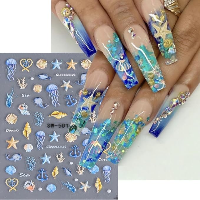 5D Embossed Ocean Life Nail Art Stickers Decals Self Adhesive Seashell Starfish Nail Decals Sea Creature Designs Summer Nail Stickers Marine Life Manicure Sliders for Women DIY Nail Art Decorations