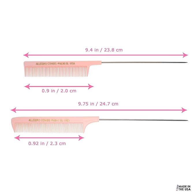 Allegro XL Rat Tail & Pin Combs - Metal Tail Foiling Combs for Stitch Braids - 2 Pc. (Rose)