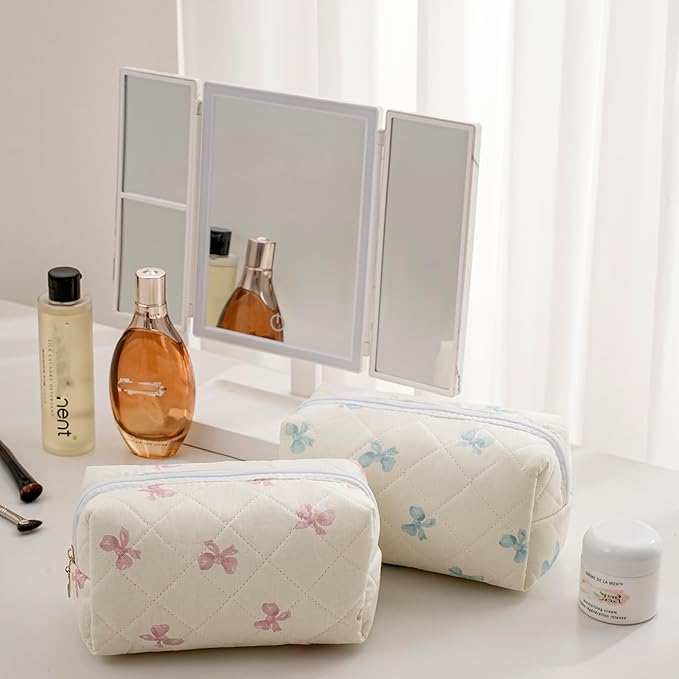 Makeup Bag Travel Cosmetic Bag for Women Girls, Zipper Make Up Pouch, Floral Flowers Toiletry Organizer Makeup, Portable Storage Cosmetic Travel Cloth Bag (Pink+Pink Bow Tie)