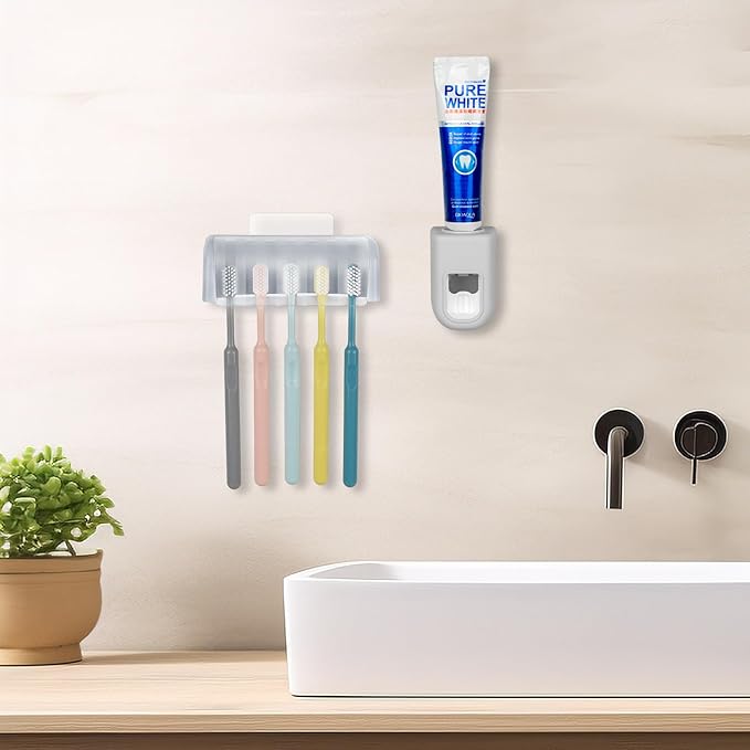 5 Slots Wall Mount Toothbrush Holder with Cover, Self Adhesive Toothbrush Storage Organizer for Shower, Toothbrush Hanger with Automatic Toothpaste Squeezer Dispenser (Grey)