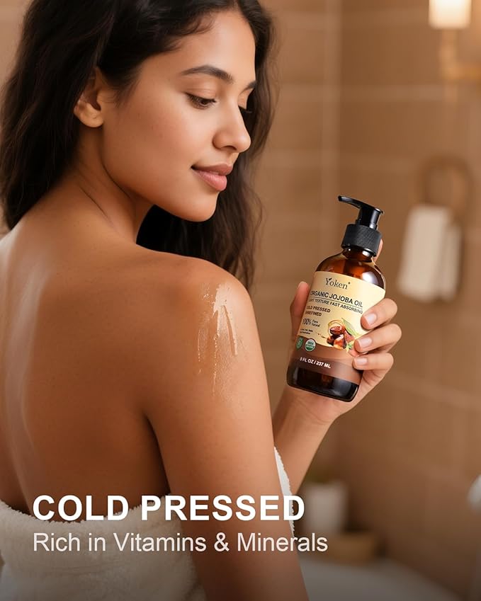 Organic Jojoba Oil Glass Bottle 8 fl oz, USDA Certified 100% Pure & Natural Jojoba Oil for Hair, Skin & Face, Cold Pressed Unrefined Hexane Free, Deeply Moisturizing Body Serum Oils for Gua Sha