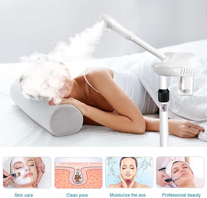Professional Facial Steamer, Esthetician Steamer on Wheels with Hot Mist, Stand Face Steamer for Facial Deep Cleaning, Steamer for Facial for Personal Care or Spa, Moisturizing and Hydrating, White