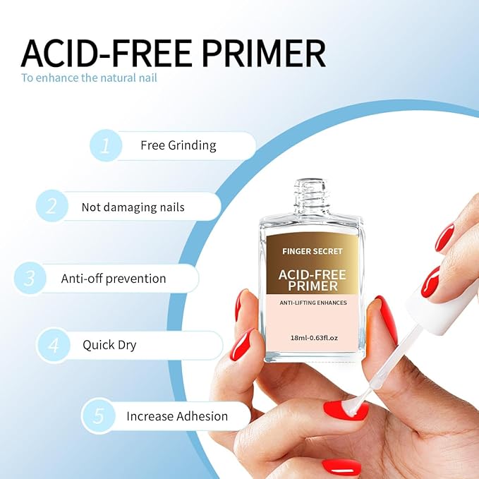 Acid-Free Primer and Nail Prep Dehydrator for Poly Gel Nail Kit Acrylic Nails Fast Dry Prep Kit for Design Art in Salon or Home Use 18ml