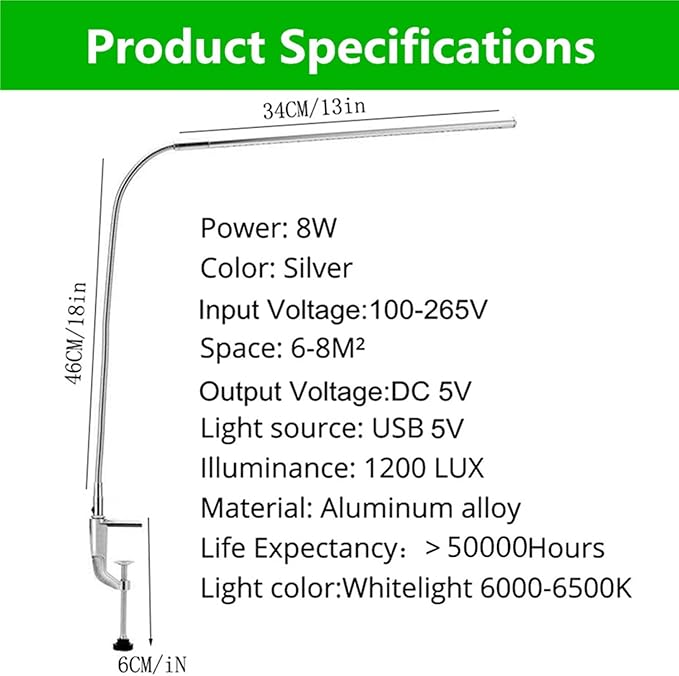 USB LED Desk Lamp, Adjustable Clip On Nail Lamp Light Eye Care Gooseneck 360° Swivel with Switch LED Clamp Light for Manicure Reading Tattoo
