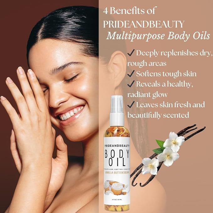 PrideandBeauty After Shower Oil. Skin Hydrating Oil. Body Oil Scented. Body Oils For Women Dry Skin. (Vanilla Buttercream) (4 OUNCES, Vanilla Buttercream)