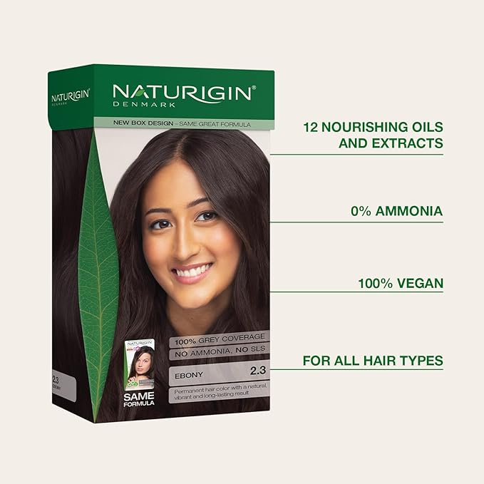 Naturigin Permanent Hair Color, 2.3 Ebony Black, Ammonia Free, 100% Gray Coverage, Nourishing Natural Formula, For All Hair Types, Long-Lasting, Vegan & Cruelty-Free, 1 Pack