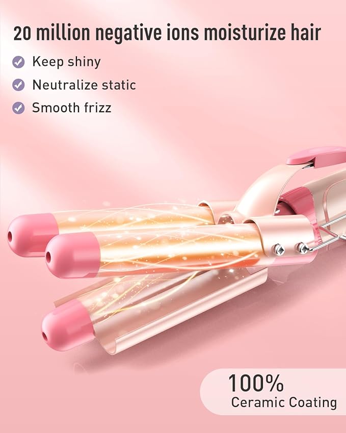 Waver Curling Iron Wand - BESTOPE PRO 5 in 1 Curling Wand Set with 3 Barrel Hair Crimper for Women, Fast Heating Crimper Wand Curler in All Hair Type, Women Gifts - Leather Pink