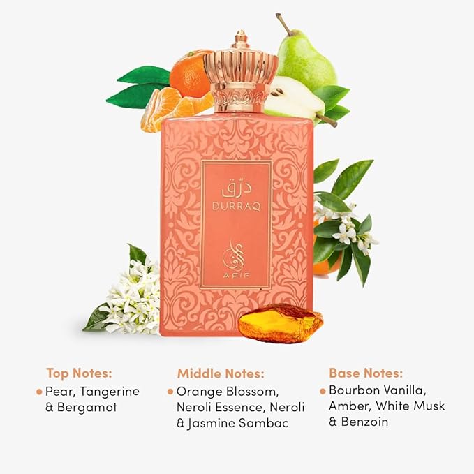 ARIF Durraq Perfumes – Floral Oriental Eau de Parfum for Women – Long-Lasting, Saffron, Plum, Orange Blossom, Neroli, Patchouli, Musk – Luxury Women's Fragrance – 3.4 oz