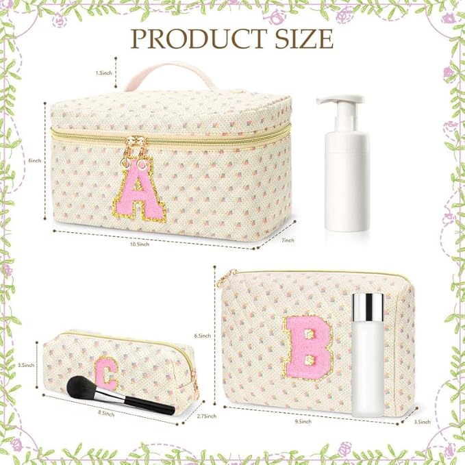 3 PCS Travel Makeup Bag Set,A-Z Initials Cotton Make up Bag Floral Quilted Cosmetic Bag for Girls and Women,Personalized Christmas Gifts,Cute Toiletry Travel Accessories Brushes Bags-X