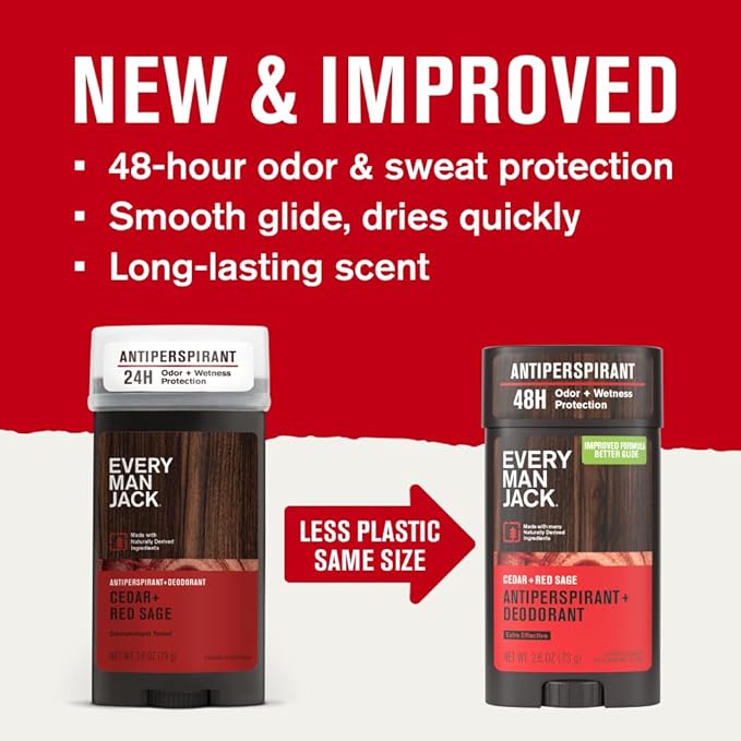 Every Man Jack Men’s Cedar + Red Sage Antiperspirant Deodorant – New & Improved Formula – Smooth Glide, 48-Hour Odor & Sweat Defense– 2.6 oz (2 Pack)
