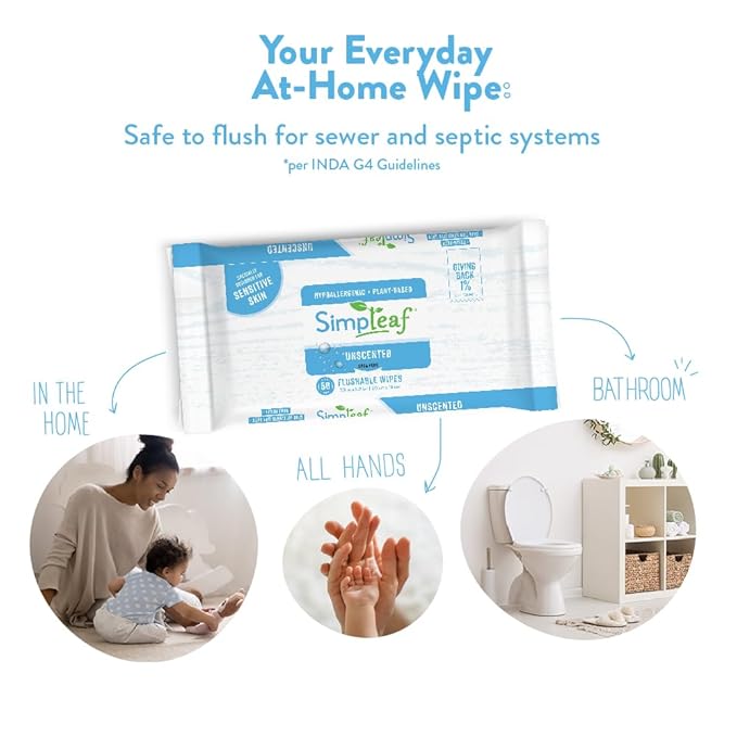 Simpleaf Flushable Wet Wipes Unscented | Plastic Free, Paraben & Alcohol Free | Hypoallergenic & Safe for Sensitive Skin | Soothing Aloe Formula | Adult Toilet Wipes (3 x 50 Counts Pack) 150 Counts