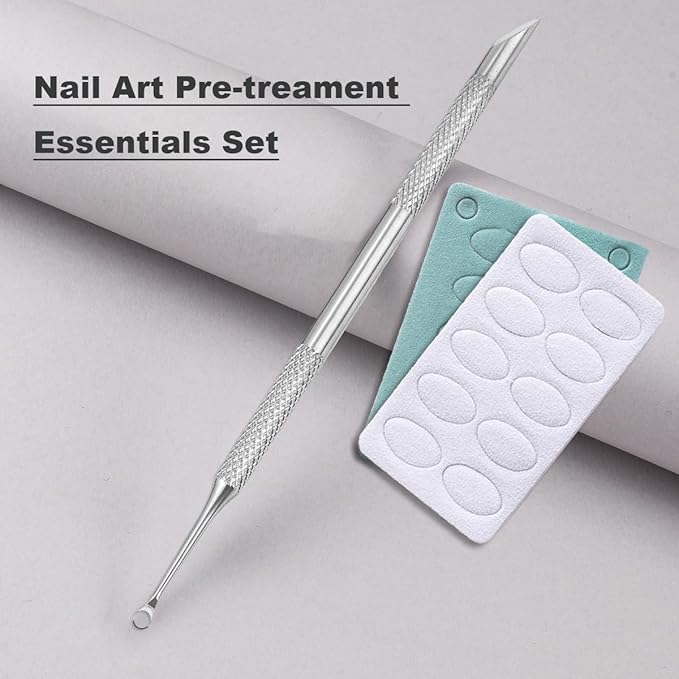 Pre-treatment Cuticle Pusher, Russian Prep Nail Pushers, Dual Ended Cuticle Remover with 100/180 Grit Sandpaper Sheets, Nail Care for Manicure Pedicure Nail Art