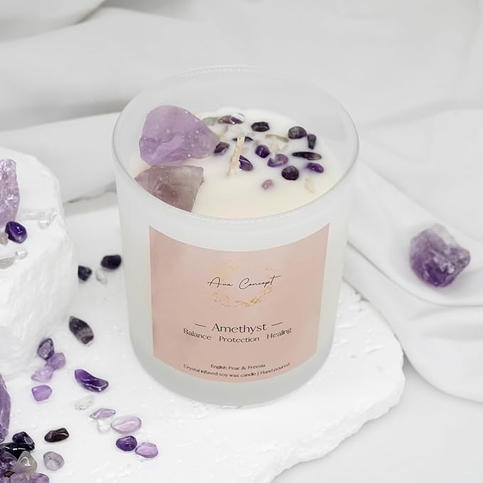 Healing Crystal Candle, Scented Candle Infused Amethyst and Clear Quartz Crystals, English Pear&Freesia Scented,Positivity Energy Wellness, Gift for Women Aromatherapy Clean Vegan 10Oz Jar