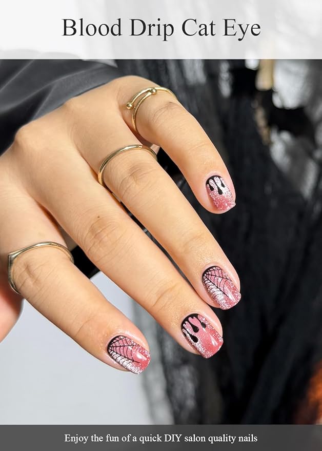 Semi Cured Gel Nail Strips (Blood Drip Cat Eye), Halloween, Spider Web, 20 Pcs Red Gel Nail Wraps, Stickers, Salon Quality, Works With Any Lamps