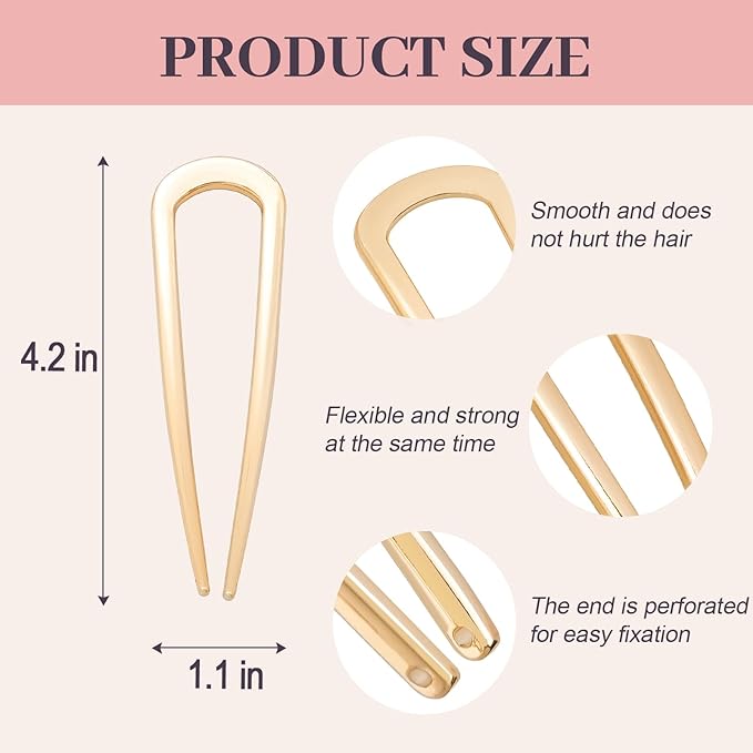 2PCS 4.2Inch French Hair Pins U-Shaped Pins for Women and Girls Fashion Metal Hair Pin French Twist Hair Pins for Buns, Updos,Stylish and Functional(set1-rabbit-gold)
