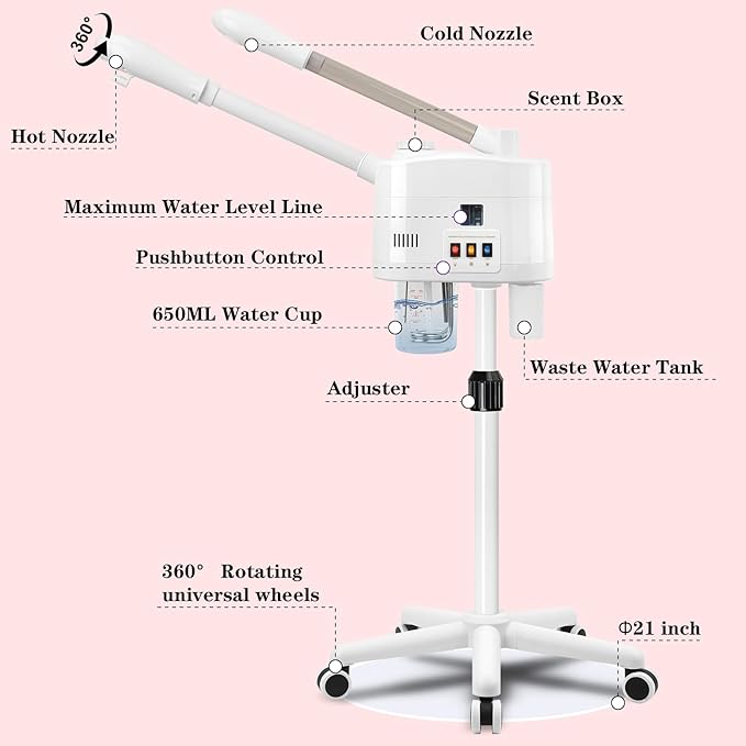 Professional Facial Steamer, 2 in 1 Face Steamer with Cold & Hot Mist, Ozone Facial Steamer with Timer Function, Stand Face Steamer Adjustable Height for Spa, Salon and at Home use