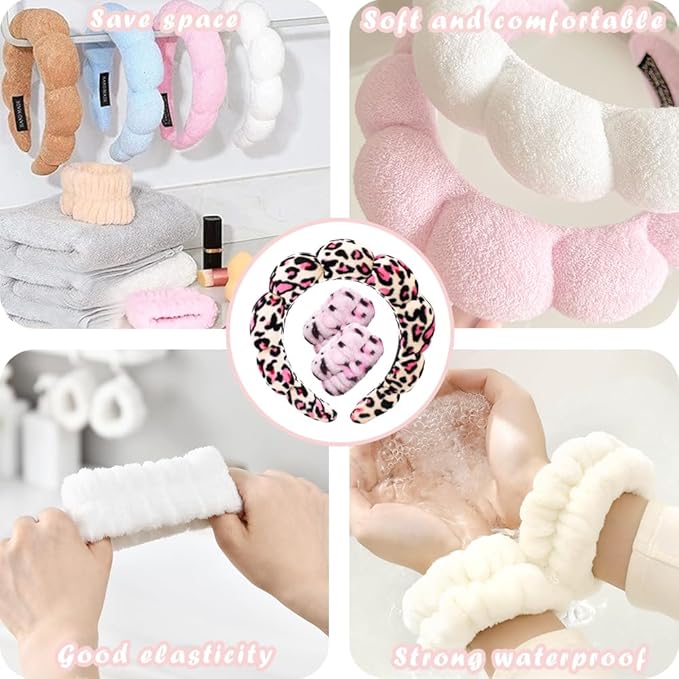 Spa Headbands for Washing Face Wristband Set Sponge Makeup Skincare Headband Wrist Towels Bubble Soft Terry Towel Cloth Hairband for Women Puffy Headwear Non Slip Thick Thin Hair Headwear