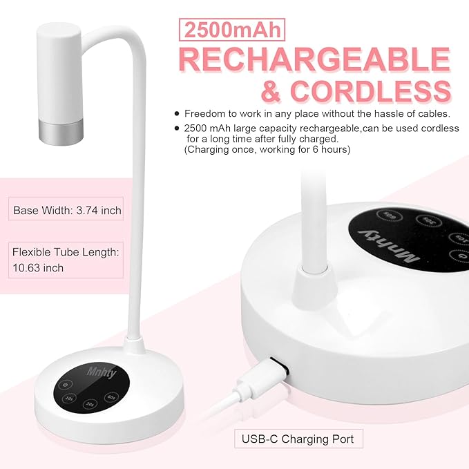 U V LED Nail Lamp, Goose Neck Flash Cure Lamp, Rechargeable Mini U V Light for Gel Nails, Cordless Flash Cure Light with 4 Timers&Sensor, Fast Curing Gooseneck Lamps for Gel X, White