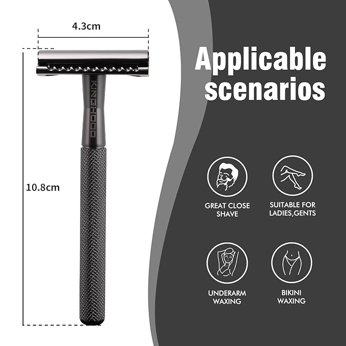 KINGHOOD Safety Razor - One Blade, Metal, Reusable, Double Edge, Closed Comb, Brass, Black
