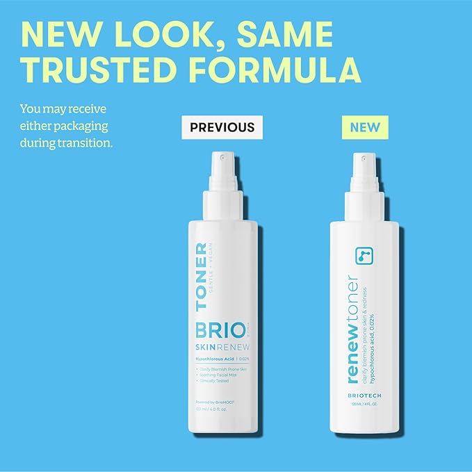 BRIOTECH Renew Toner, Hypochlorous Acid Spray, Minimize Appearance of Blemishes, Soothing Facial Mist for Sensitive Skin, Calm Redness & Bumps, Vegan, 4 fl oz (4 Pack)