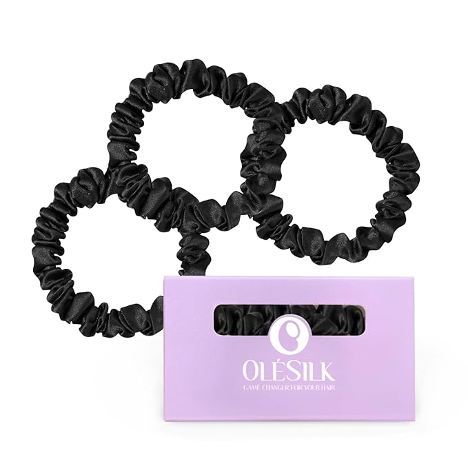 OLESILK Silk Hair Ties for Women: 100% Mulberry Skinny Silk Scrunchies, Soft Smooth No Damage No Crease for Thin Fine Curly Hair 3 Pack, Black