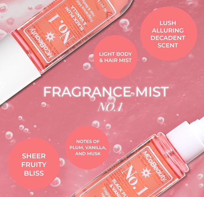 MCoBeauty - Fragrance Mist No.1 - Light Body Mist and Hair Perfume with Plum, Vanilla and Musk - Gifts for Women, Feminine Spray, Self Care Gifts for Women - 90ml Bottle