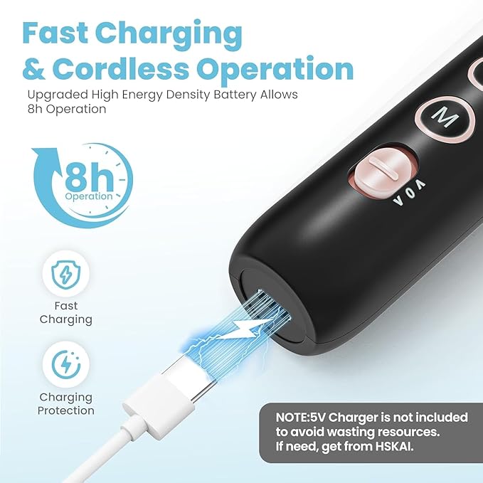 Electric Nail File Drill: HSKAI Nail Drill with LCD & Lamp, Long-Lasting Thick Toenail Grind, Rechargeable & Cordless Toe Nail Filer Tools for Manicure and Pedicure, Gifts for Women and Men