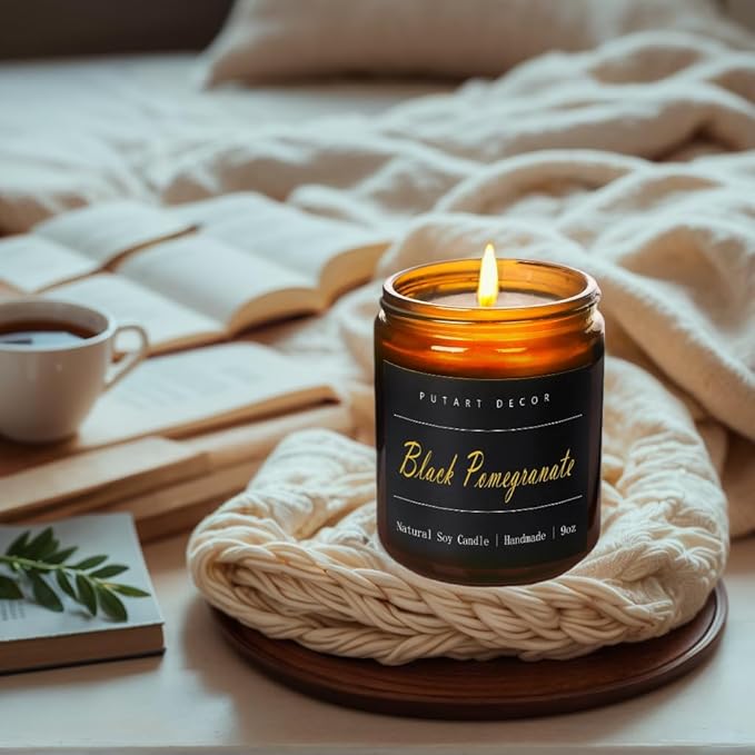 Black Pomegranate Candles for Home Scented，Natural Non Toxic Soy Aromatherapy Candle Gifts for Women & Men, Strong Fragranced & Long Lasting Brown Glass Jar Candles with Essential Oils (9oz)