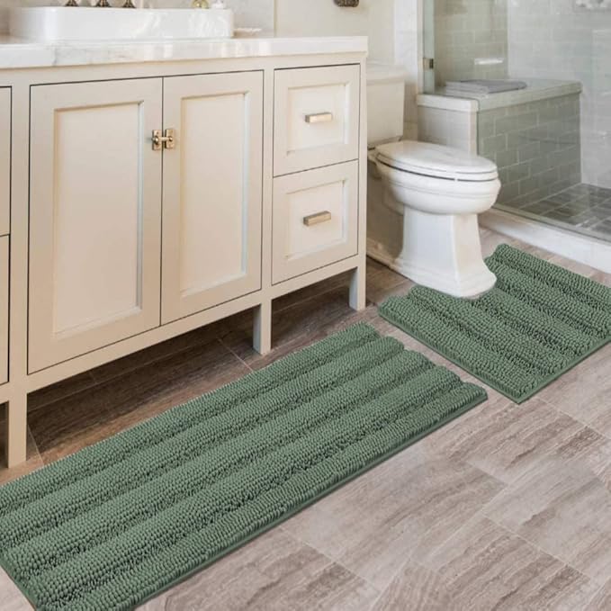 H.VERSAILTEX Bathroom Rugs Bath Rug Set 2 Piece Bathroom Contour Rug Toilet Mat Non Slip Contour Bath Rug Ultra Thick Water Absorbent Striped Bath Mats Washable(47" x 17" Plus 20" x 20" U, Green Bay)