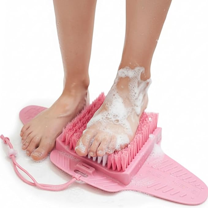 Efforest Shower Foot Scrubber Mat with Pumice Stone - Cleans, Smooths & Removes Dead Skin on Foot Without Bending, Foot Callus Remover with Non-Slip Suction Cups (Pink)