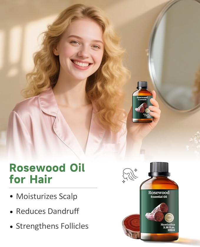 Rosewood Essential Oil Pure, Mumianhua Natural Organic Pure Premium Therapeutic Rosewood Oils for Skin, Body, Hair Care, Diffuser, Candle, Soap, Making, DIY, Massage 3.38 Fl Oz