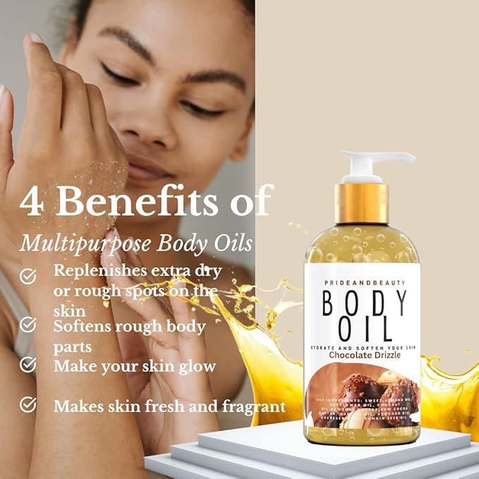 PrideandBeauty After Shower Oil. Skin Hydrating Oil. Body Oil Scented. Body Oils For Women Dry Skin. (Vanilla Buttercream) (8 OUNCES, Chocolate Bark)