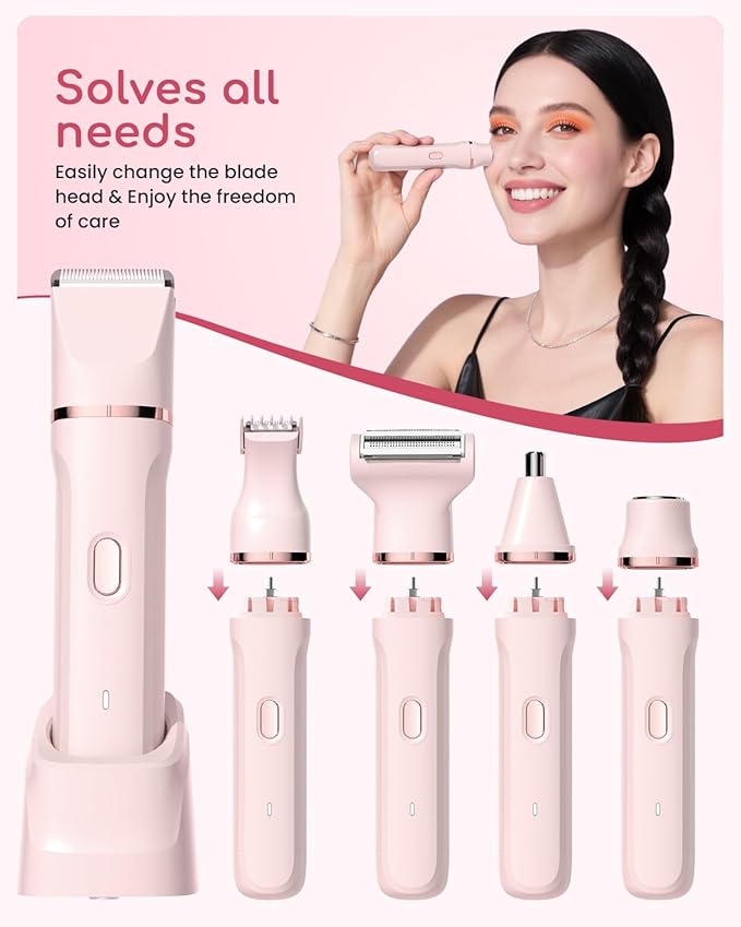 Bikini Trimmer for Women - 5 in 1 Painless Electric Razors for Ladies Pubic Facial Nose Body Leg Hair Removal, Waterproof Electric Shaver for Women Private Area Sensitive Skin,Personal Hair Trimmer