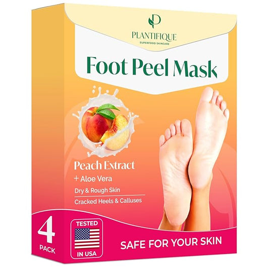PLANTIFIQUE Foot Peeling Mask 4 Pack | Dermatologically Tested Repairs Heels & Removes Dry Dead Skin for Baby Soft Feet | Exfoliating Foot Peel Mask for Dry Cracked Feet | Peach