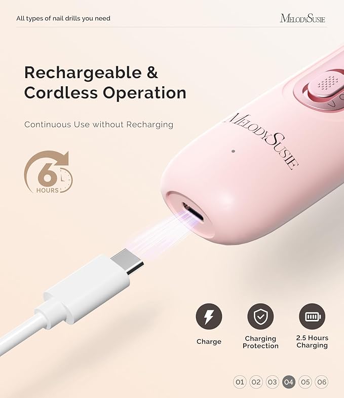 MelodySusie Cordless Pedicure & Manicure Nail Drill Kit, PC760G for Salon-Quality Foot Care for Home & Travel, Rechargeable with 5 Speeds, 8-in-1 Bits, 360° LED Light & Anti-Dust Shield, Pink