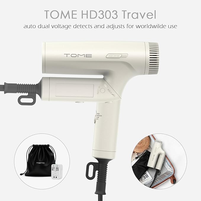 TOME 1200W Hair Dryer Travel Dual Voltage 120V/240V Foldable Blow Dryer with Diffuser Comb Nozzle Storage Bag Universal Power Adapter (White)
