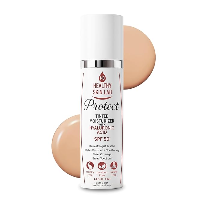 Healthy Skin Lab Protect Tinted Moisturizer & Mineral Sunscreen SPF 50, Anti-Aging, Lightweight Makeup With Broad Spectrum UV Protection + Hyaluronic Acid, Dermatologist-Tested, All Skin Types, 1.8 oz