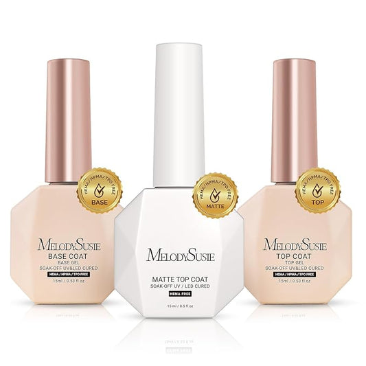 MelodySusie Hema Free Top Coat Base Coat Matte Top Coat Set Long Lasting Shine Finish Soak Off UV LED Nail Lamp Nail Art Design Manicure Kit Perfect Gifts for Women Girls 3 Pcs 15ml Clear