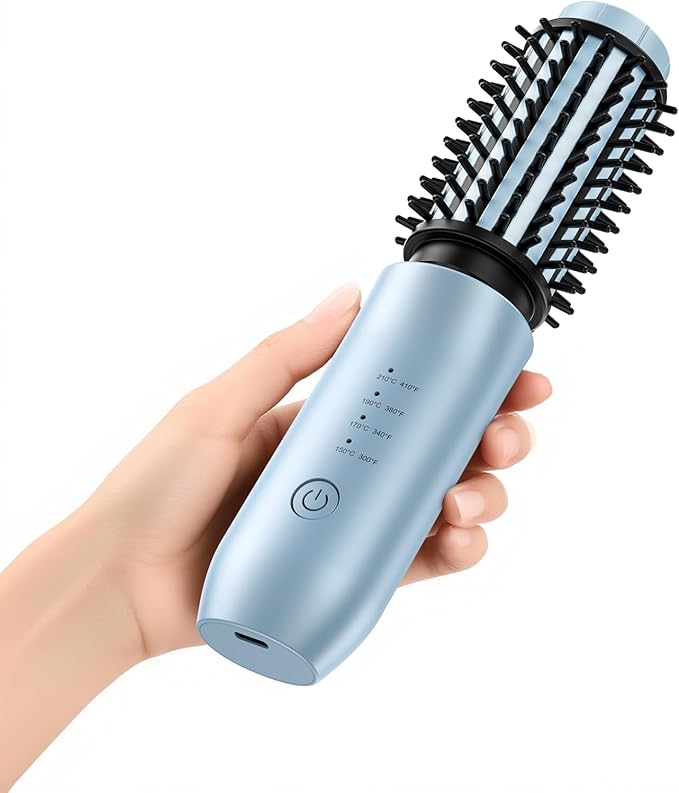 CARESKY® Cordless Curling Iron Brush, 1.5 Inch Mini Travel Hair Curler with 200 Million Negative Ions, Portable Heated Round Straightener Brush Rechargeable for Curl, Touch-Up, De-Frizz, Styling