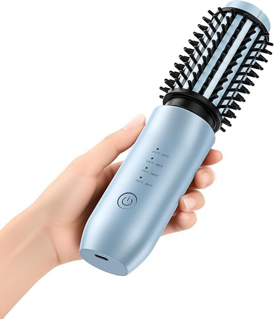 CARESKY® Cordless Curling Iron Brush, 1.5 Inch Mini Travel Hair Curler with 200 Million Negative Ions, Portable Heated Round Straightener Brush Rechargeable for Curl, Touch-Up, De-Frizz, Styling