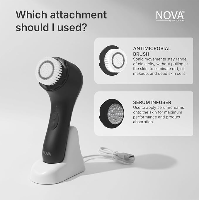 Spa Sciences - NOVA - Sonic Cleansing Brush with Bristles & Infusion System – Anti-Aging Facial Exfoliating, Waterproof, and USB Rechargeable