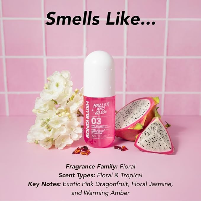 HOLLER AND GLOW Bondi Blush Pink Dragonfruit Body & Hair Mist, Body Spray For Women, Hair Perfume For Women, Jasmine, Amber Scented, Floral & Tropical Fragrance Notes, 8.11 Fl Oz