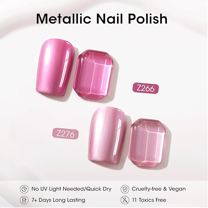 GELLEN Rose Pink Metallic Nail Polish with 3-in-1 Base Coat Top Coat Strengthener Polish, Chrome Mirror Dark/Light Pink Regular Nail Polish, Quick Dry Fingernail Laquer Set, Non Gel