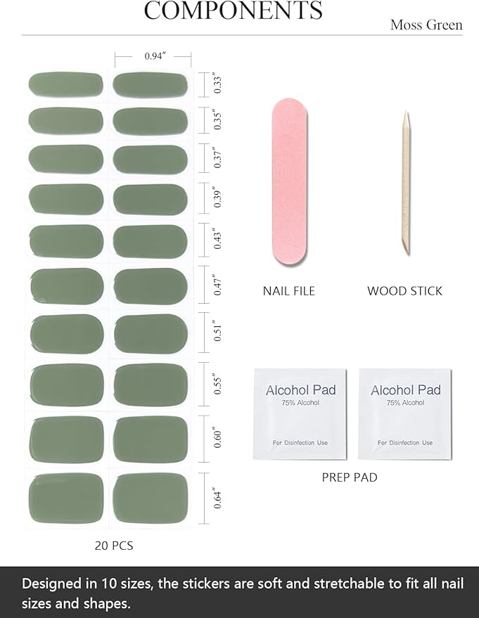 Semi Cured Gel Nail Strips (Army Green), 20 Pcs Gel Nail Wraps, Stickers, Salon Quality, Long Lasting, Works with Any Lamps