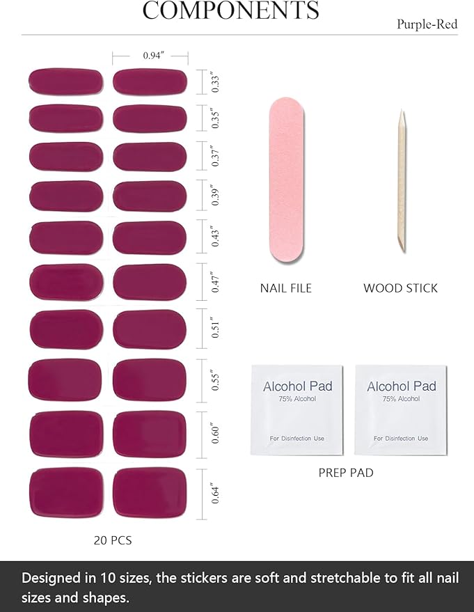 Semi Cured Gel Nail Strips (Purple-Red), Fall, 20 Pcs Gel Nail Wraps, Stickers, Salon Quality, Works with Any Lamps