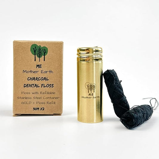 Me Mother Earth Vegan Bamboo Charcoal Dental Floss with Gold Stainless Steel Container, Made with Natural Candelilla Wax, with 30M x2 Floss Refill, Peppermint, Zero Waste Eco Friendly Products