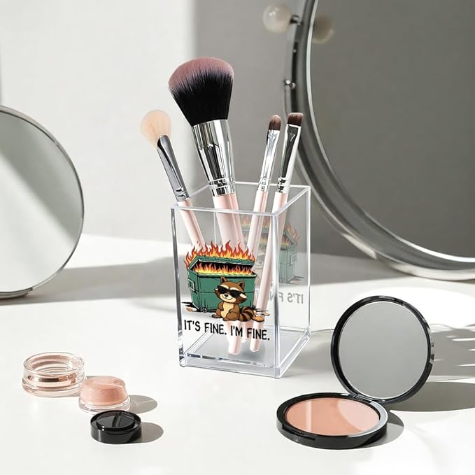 It's Fine I'm Fine Acrylic Cosmetic Pencil Pen Holder Cup, Funny Raccoon Dumpster Fire Pen Holder Cup, Raccoon Lover Gifts for Women Men, Office Sarcastic Gifts for Women Men Colleague Boss