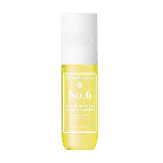 MCoBeauty - Fragrance Mist No. 6 - Light Body Mist and Hair Perfume Coconut Cream & White Florals, Tropical Notes for Day or Night - Vegan, Cruelty Free - Gifts for Women, Feminine Spray - 90ml Bottle