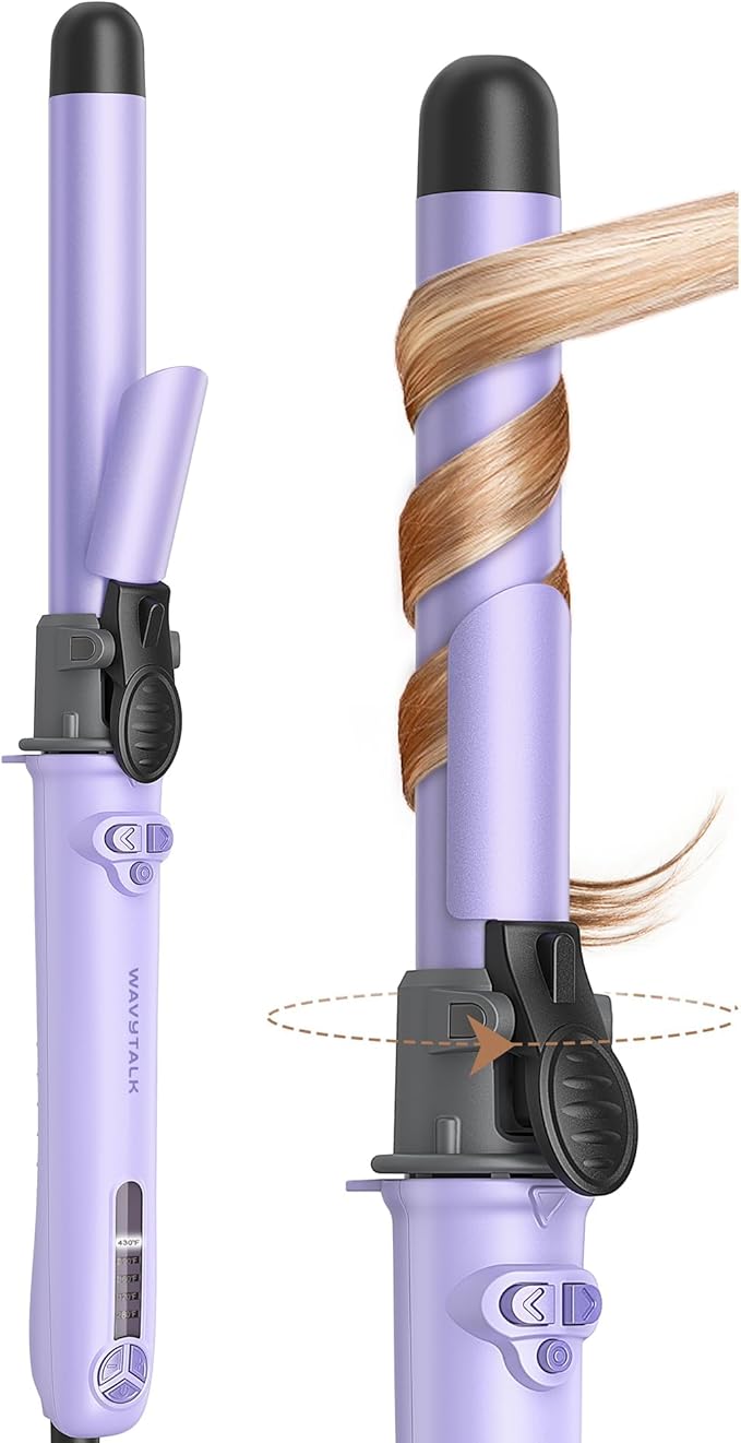 Wavytalk 1 Inch Rotating Curling Iron, Curl Cycle, Automatic Curling Wand for Long Hair, Get Effortless Beach Waves with Self Spinning Barrel up to 430°F with Home Button, Dual Voltage, Purple
